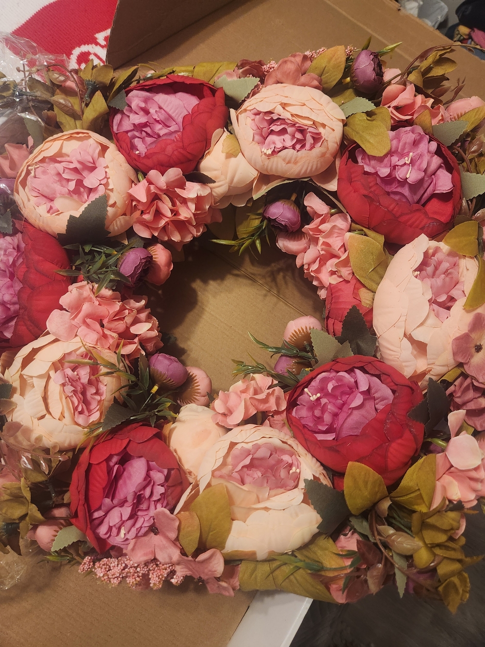Pink & Red Peony Faux Floral Wreath - Elegant Home Accent - Picture 2 of 9